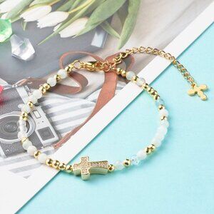 NWOT Dainty Cross Pave Cz & Natural Aquamarine, Extender Gemstone bracelet 2/$20